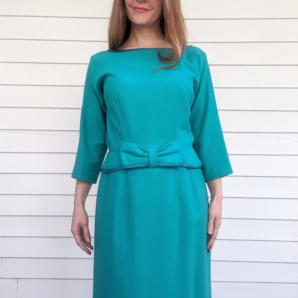 Green 60s Dress Teal Bow Vintage R&K Originals S